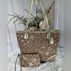 Coach Tan and Gold Star-Patterned Tote Bag with Matching Wristlet